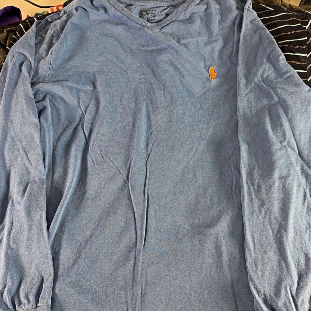 Polo Ralph Lauren Men's L Blue Solid Pony Logo T-Shirt Crew Neck Long Sleeve